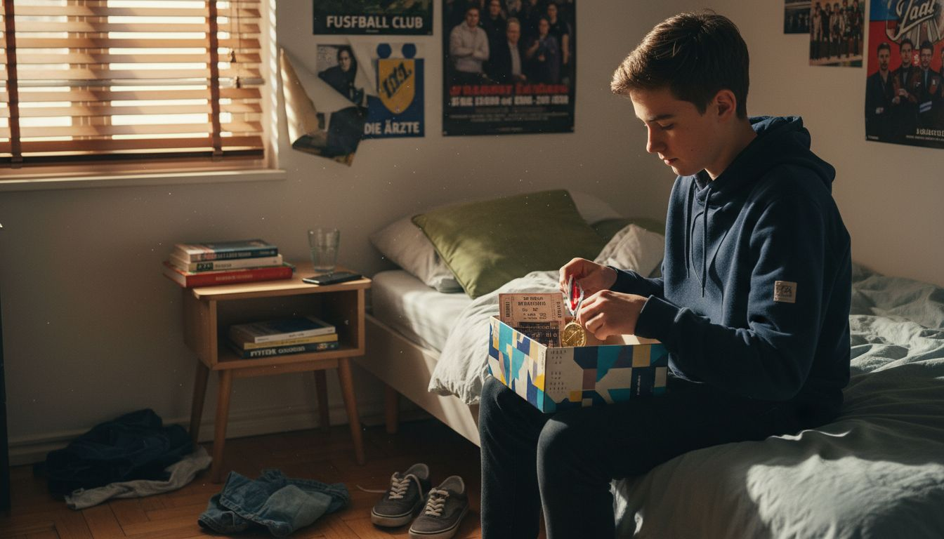 Ein Junge sucht besondere Dinge aus, die er in seine Erinnerungskiste legen möchte.