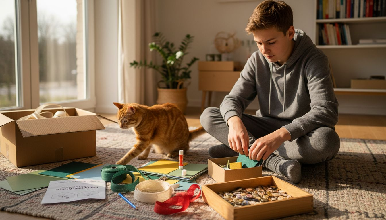 Ein Junge ist auf der Suche nach Materialien, um kreative Gutscheine zu basteln.