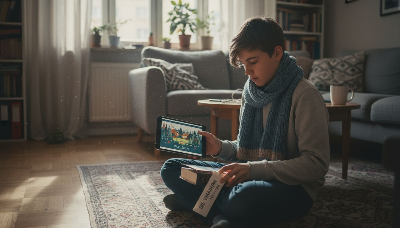 Ein Teenager packt begeistert verschiedene Geschenke aus: digitale Überraschungen, Selbstgemachtes und spannende Bücher.