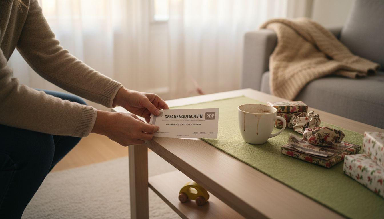 Eine Frau löst ihren nachhaltigen PDF-Gutschein gemütlich im Wohnzimmer ein.