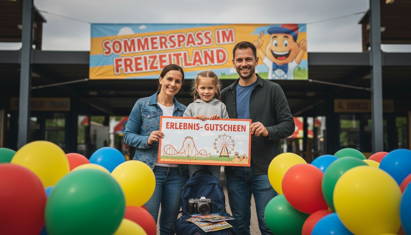 Eine Familie freut sich über einen Gutschein für den Freizeitpark.