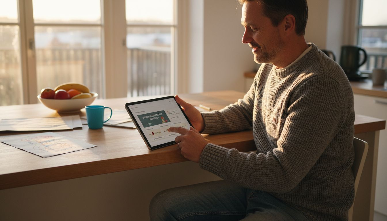 Papa stellt am Tablet einen Gutschein für die ganze Familie zusammen.