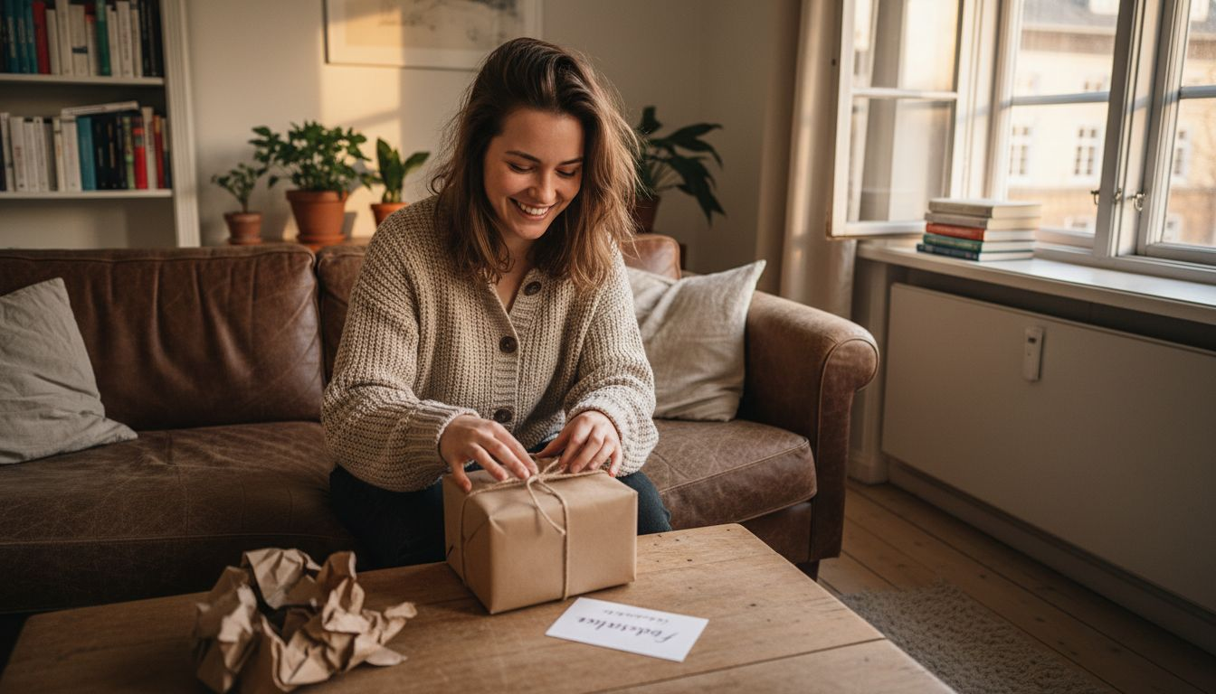 Eine Frau öffnet gespannt ein ganz persönliches Geschenk.