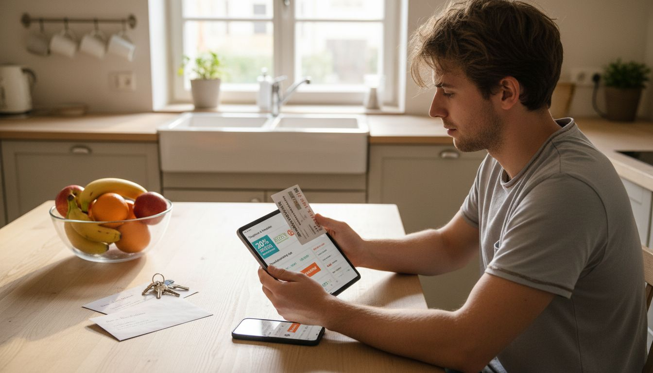Ein Mann vergleicht Gutscheine auf seinem Tablet und Smartphone.