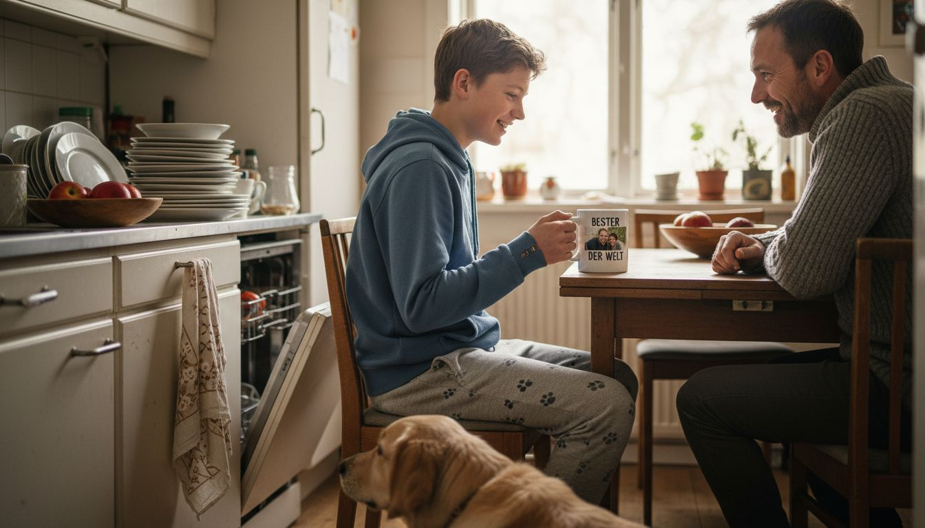 Ein Junge überrascht seinen Vater mit einer persönlichen Fototasse.