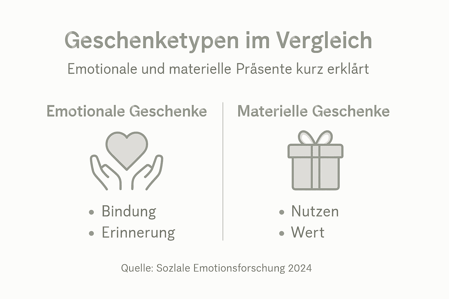 Die Infografik veranschaulicht verschiedene Arten von Geschenken – von emotionalen bis hin zu materiellen Präsenten.