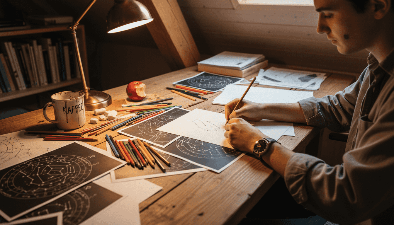 Ein Designer sitzt an seinem Schreibtisch und entwirft eine individuelle Sternenkarte.