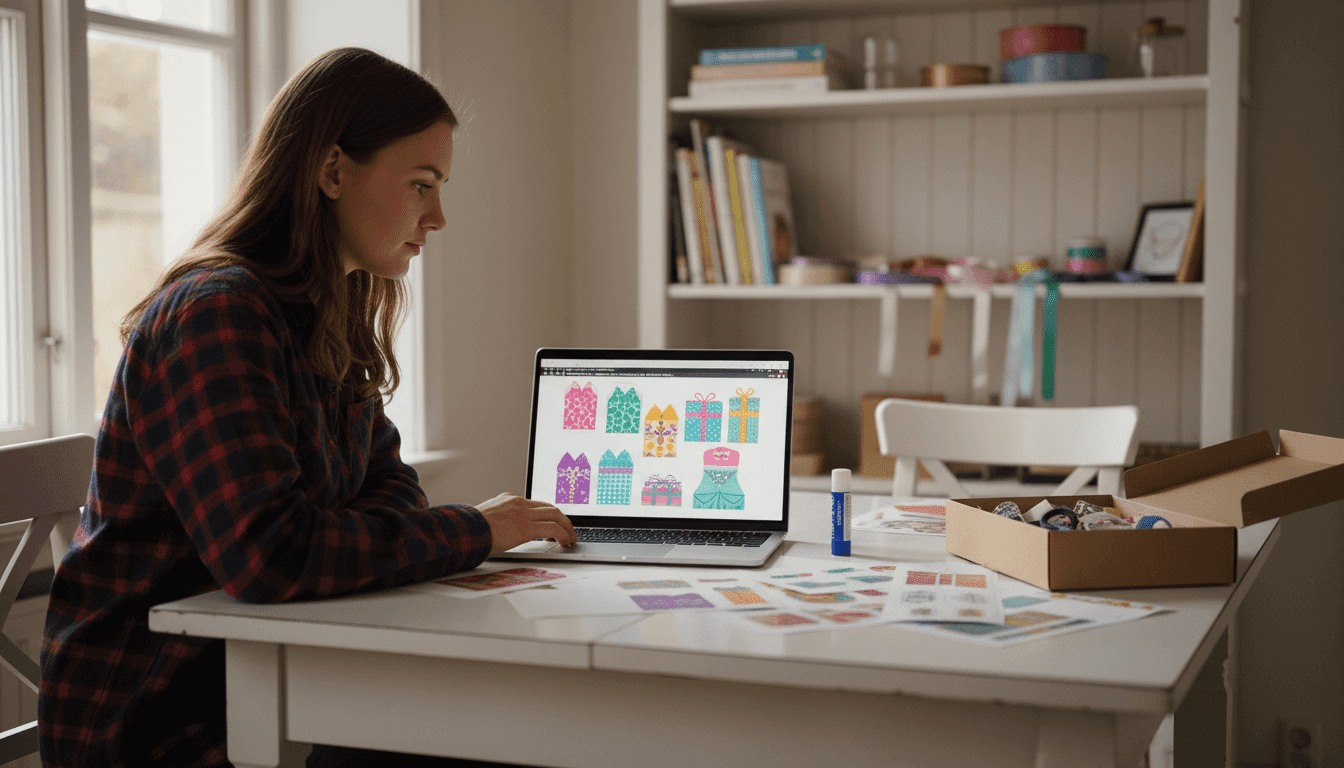 Eine kreative Frau vereint digitale und handgemachte Geschenke auf originelle Weise.