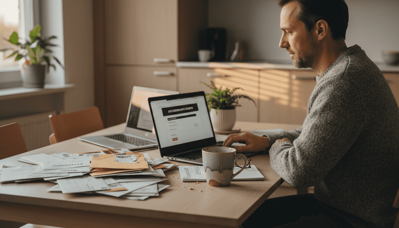 Ein Mann löst am Esstisch einen Online-Gutschein ein.