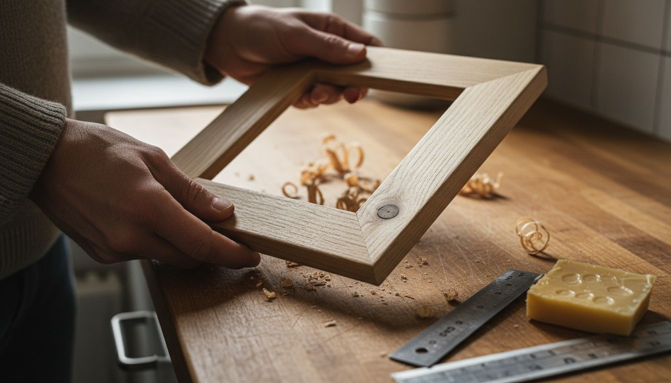 Ein Paar Hände hält einen liebevoll gefertigten Bilderrahmen aus Holz.