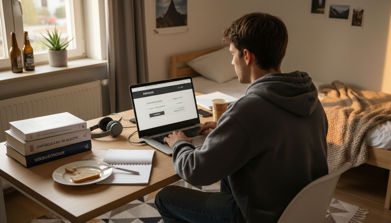 Ein Mann gibt an der Kasse einen digitalen Gutscheincode ein.