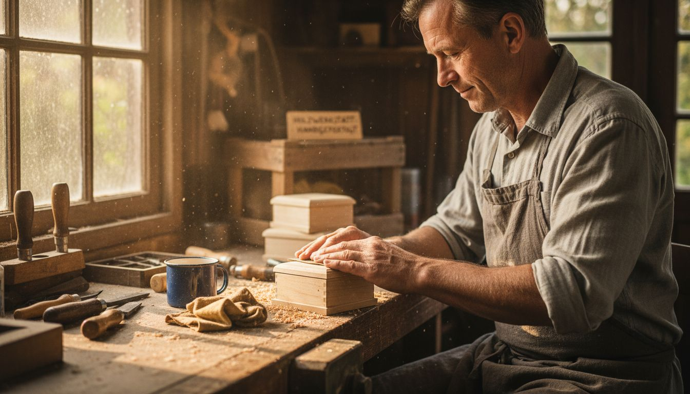 In seiner Werkstatt stellt ein Handwerker ein nachhaltiges Geschenk mit viel Liebe zum Detail her.