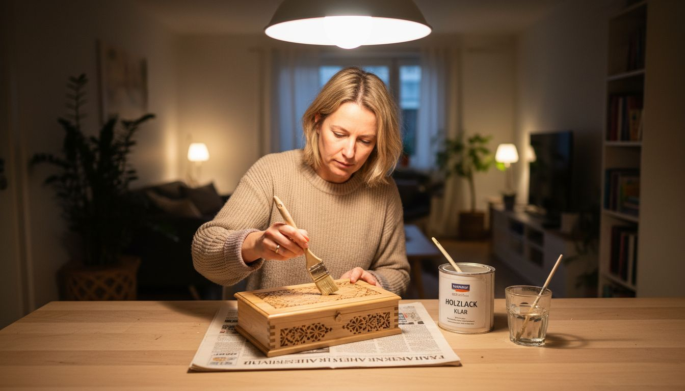 Eine Frau streicht eine selbstgebaute Holzkiste mit Farbe.