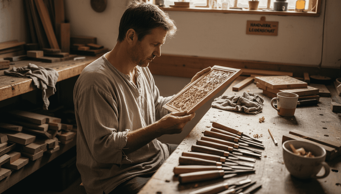 In seiner Werkstatt gestaltet ein Mann ein personalisiertes Holzgeschenk mit Gravur.