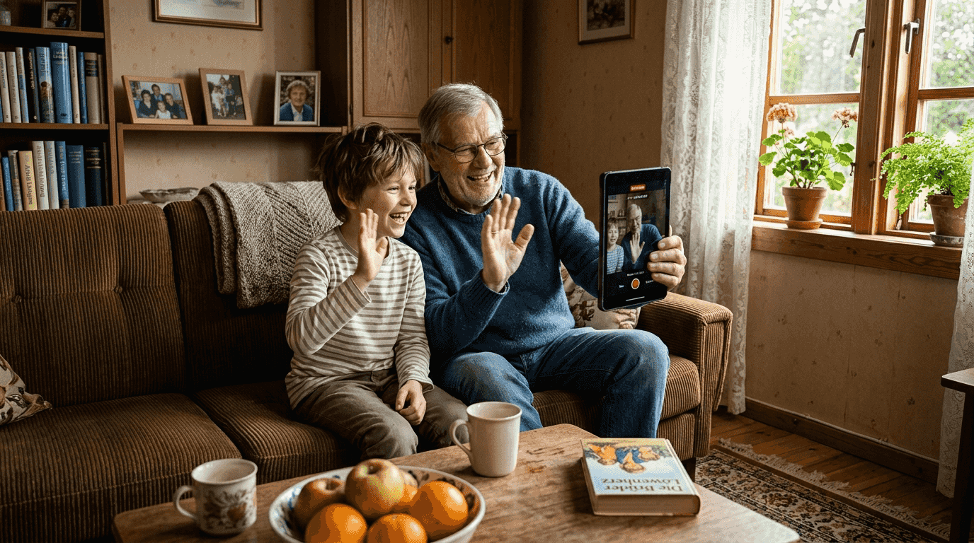 Im Wohnzimmer dreht die Familie ein Geburtstagsvideo.