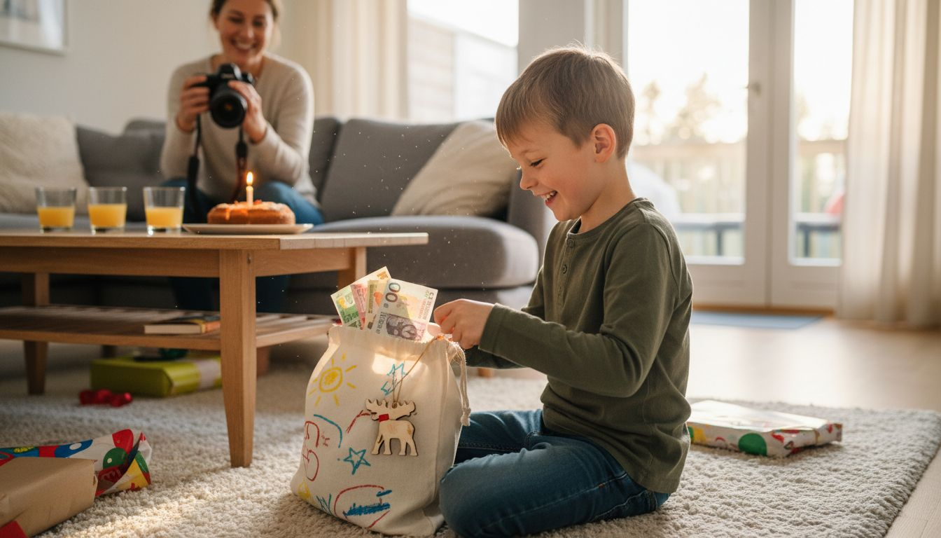Im Wohnzimmer freut sich ein Junge über ein umweltfreundlich verpacktes Geldgeschenk.