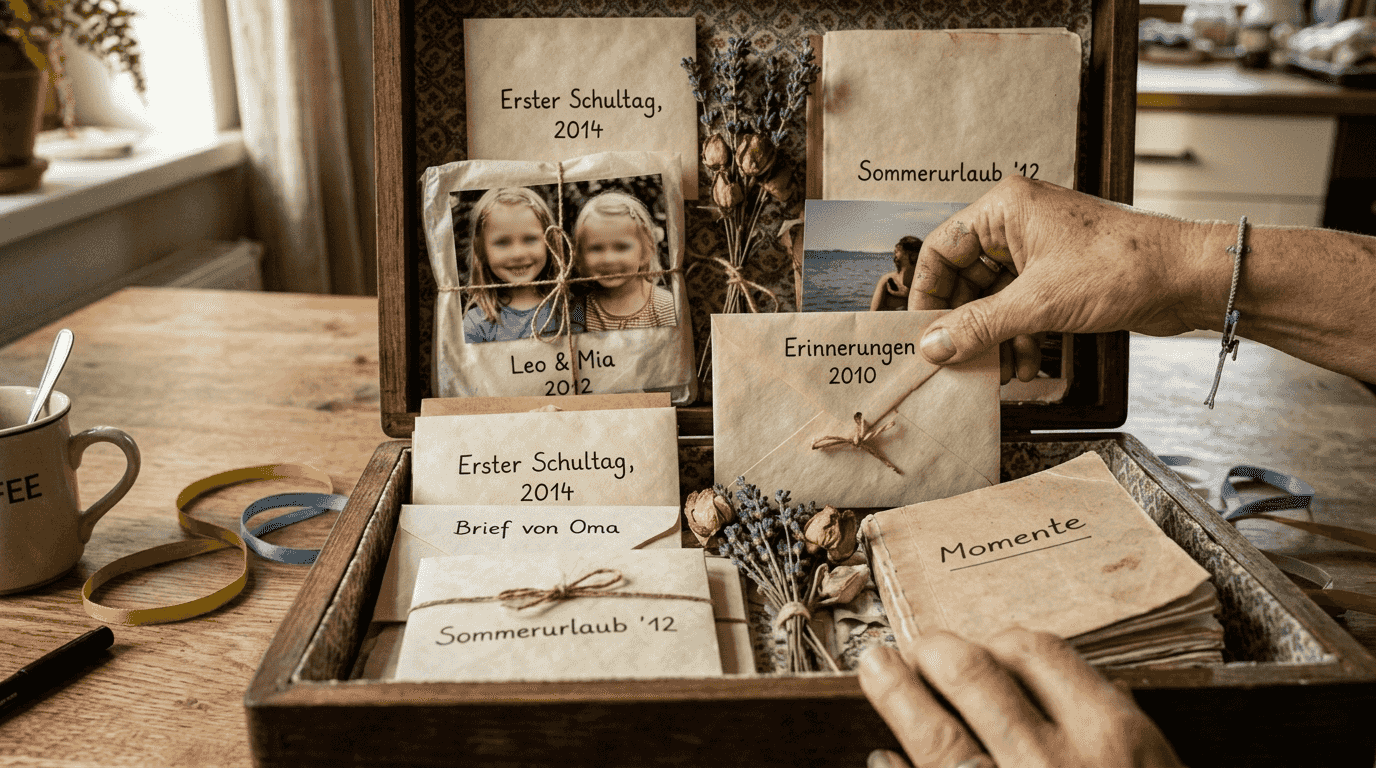 Ein Blick ins Innere einer geöffneten Erinnerungsbox – jedes Detail erzählt seine eigene Geschichte.