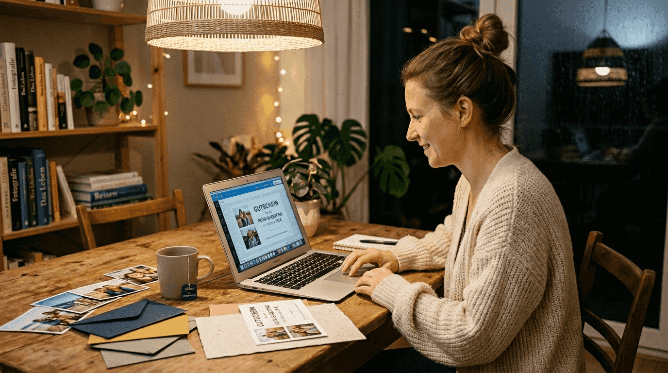 Eine Frau gestaltet zuhause einen persönlichen Fotogutschein.