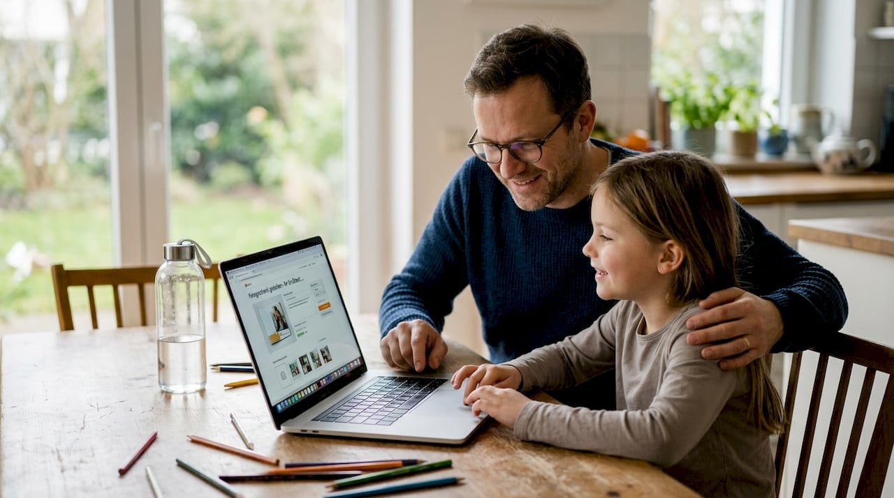 Eine Familie gestaltet ein persönliches Fotogeschenk am Computer
