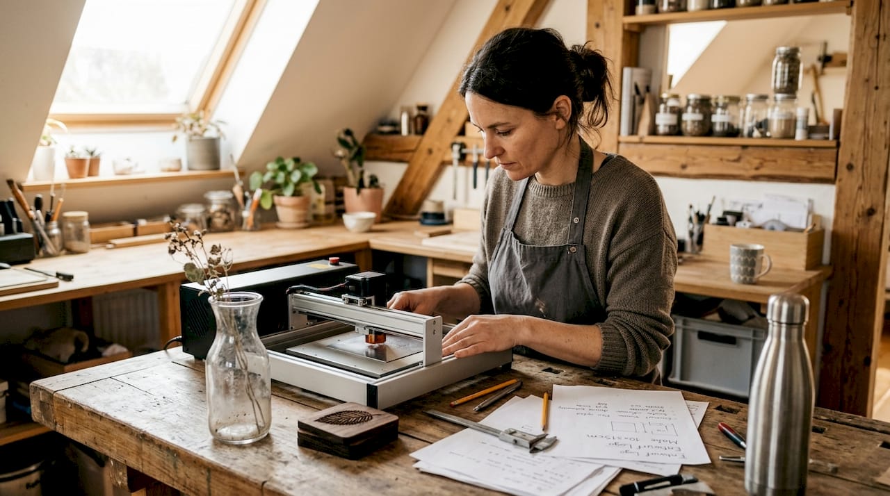 In ihrer Werkstatt verleiht eine Handwerkerin Metallteilen mit einer Gravur eine persönliche Note.