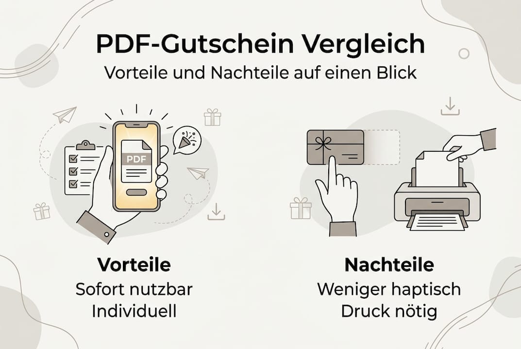 Infografik: Pro und Contra von PDF-Gutscheinen auf einen Blick