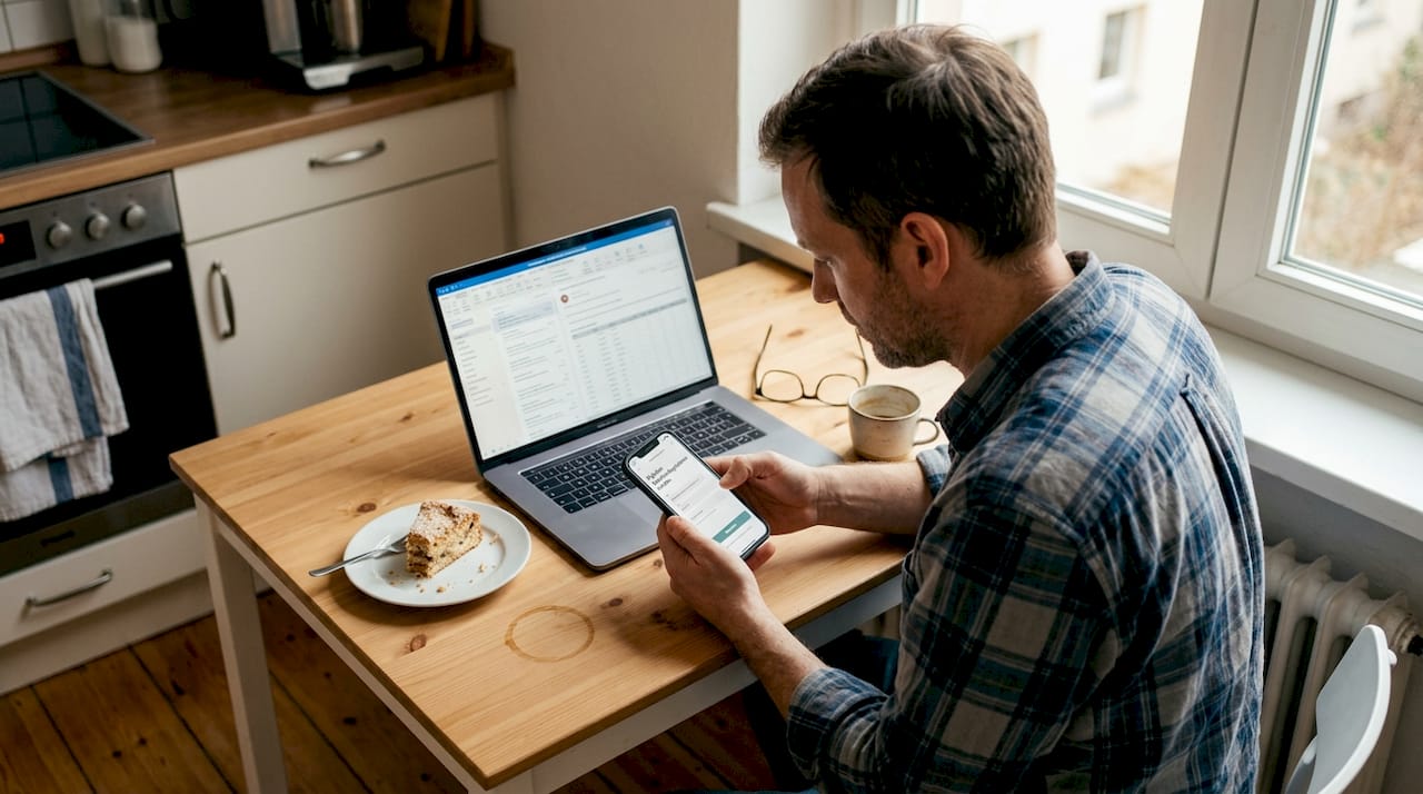 Am Küchentisch sitzt ein Mann und verschickt einen digitalen Gutschein.