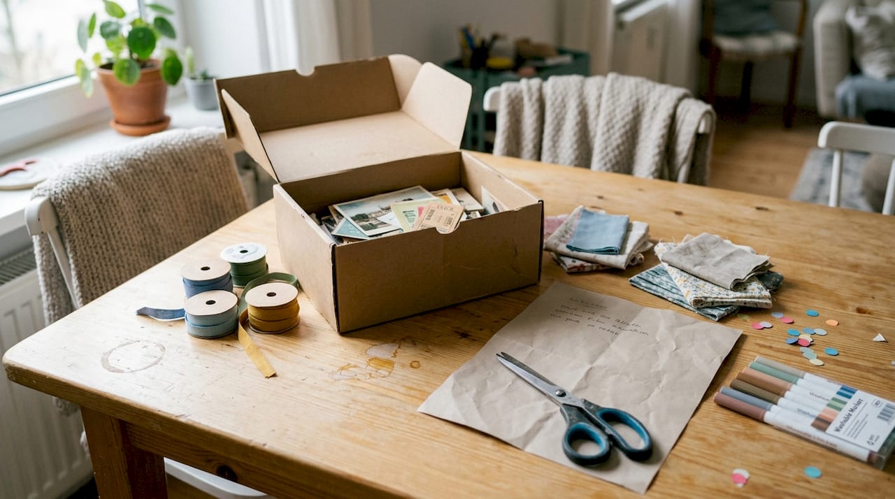 Materialien und Bastelzubehör für eine persönliche Erinnerungsbox
