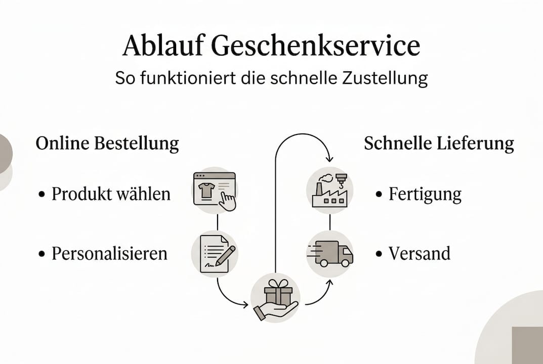 Die Infografik veranschaulicht, wie unser schneller Geschenkservice funktioniert – Schritt für Schritt erklärt.