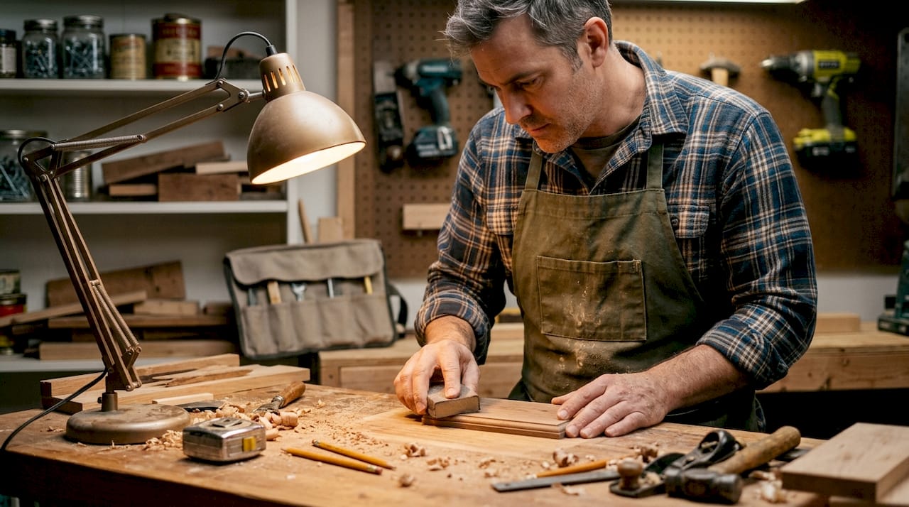 Ein Mann fertigt an seiner Werkbank ein individuelles Geschenk aus Holz an.