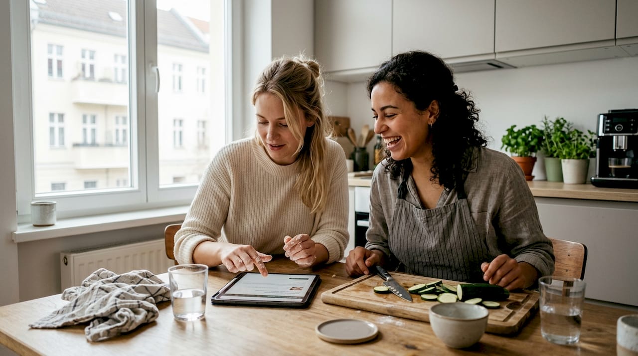 Zwei Freundinnen melden sich gemeinsam zu einem Online-Kochkurs an und kochen zusammen in ihrer eigenen Küche.