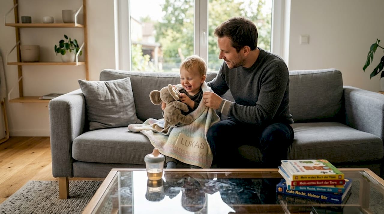 Ein Vater hüllt sein Kind liebevoll in eine individuell gestaltete Babydecke ein.