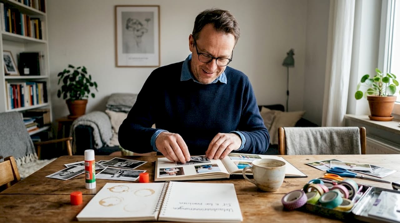 Ein Mann gestaltet sein ganz persönliches Fotobuch in liebevoller Handarbeit.