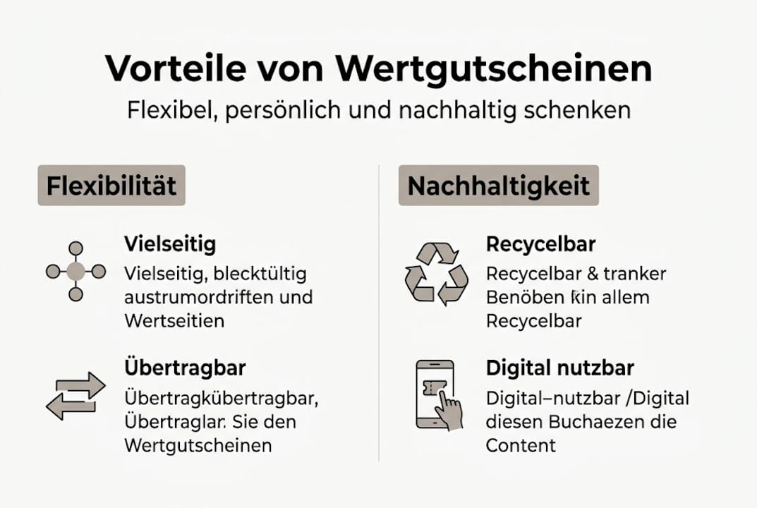 Infografik: Die Vorteile von Wertgutscheinen – links Flexibilität, rechts Nachhaltigkeit
