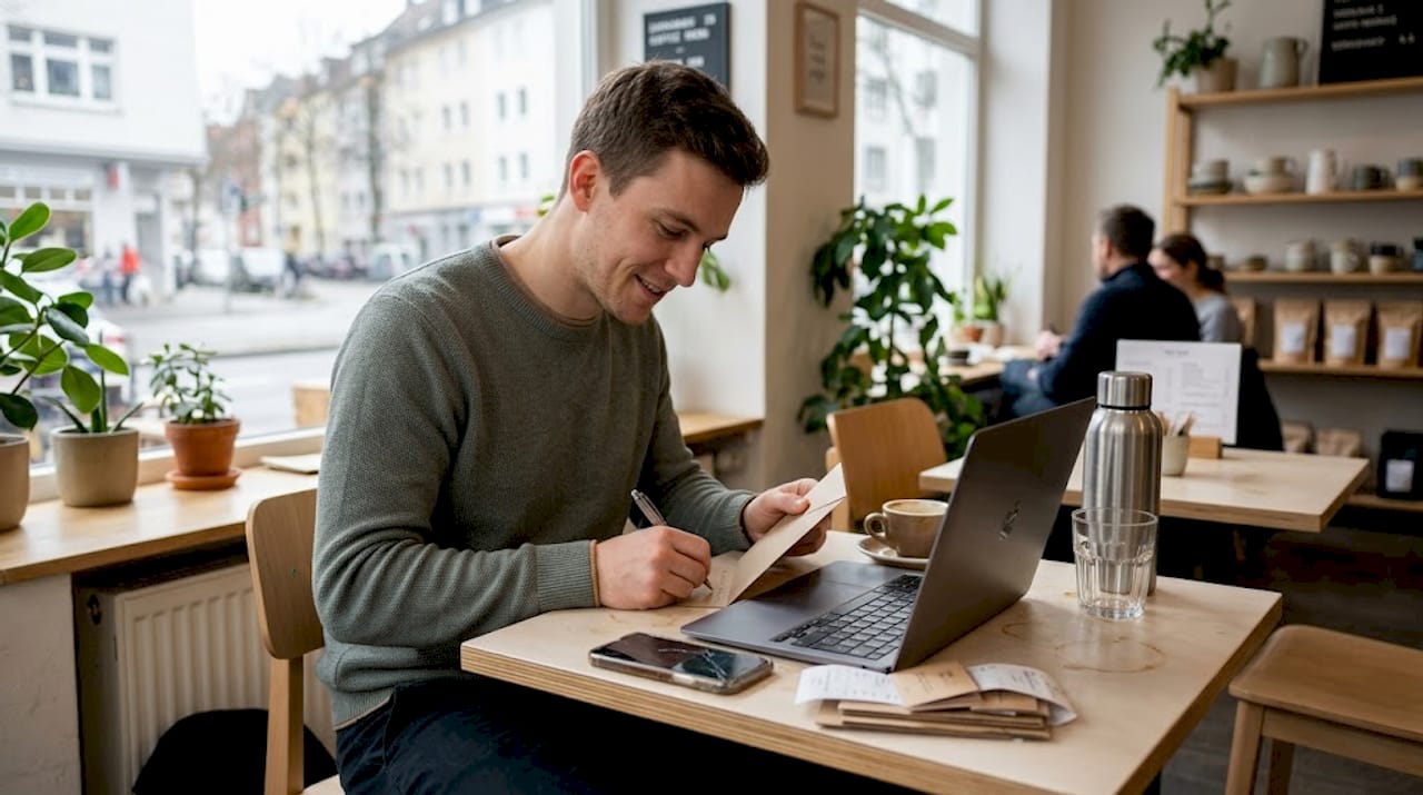 Ein Mann füllt im Café einen nachhaltigen Gutschein aus.