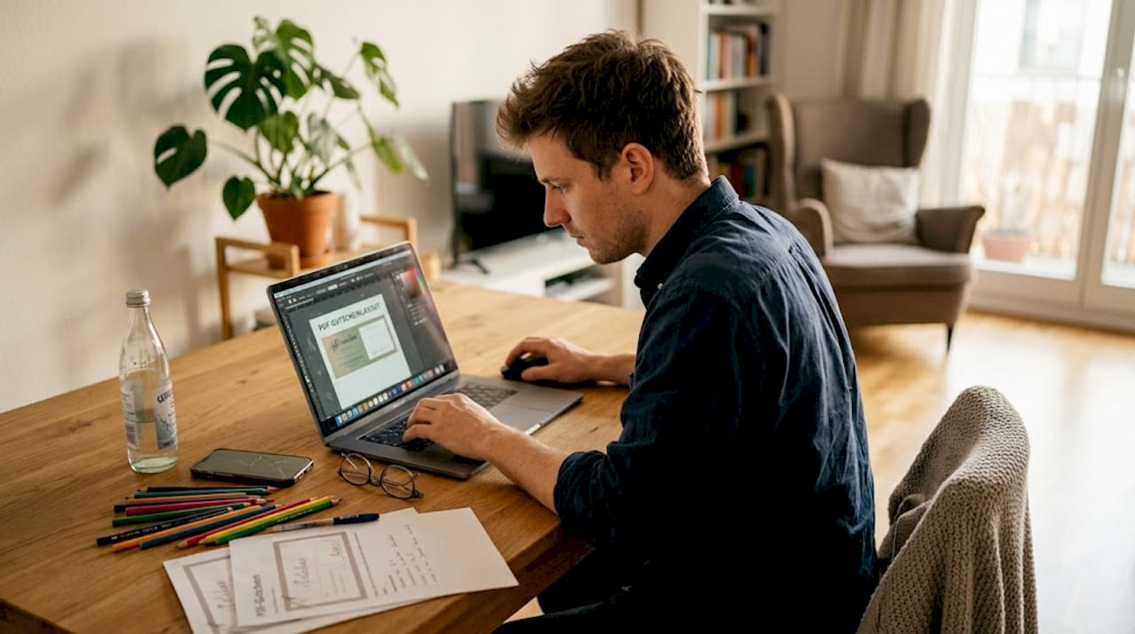 Ein Mann gestaltet am Laptop einen Gutschein als PDF.