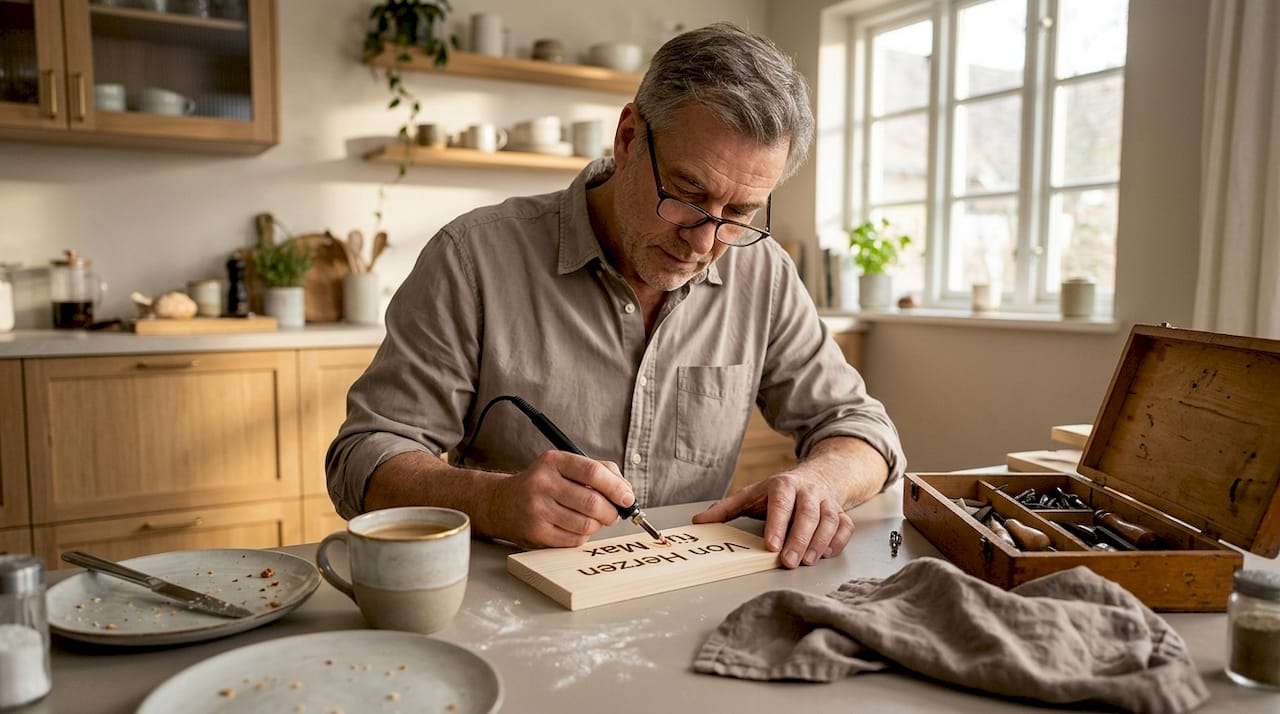 Ein Mann fertigt in seiner Küche ein handgemachtes Geschenk aus Holz an.