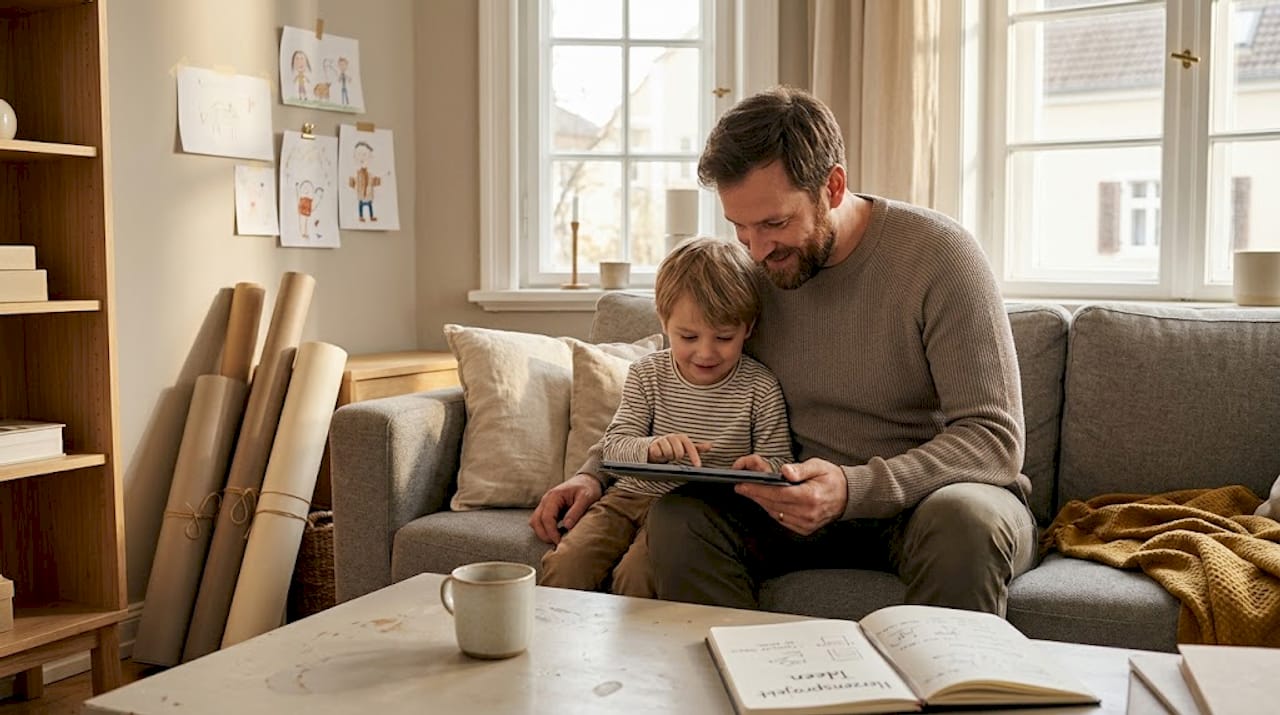 Vater und Sohn stöbern gemeinsam durch ihre Fotos, um das perfekte Bild für ein Geschenk auszuwählen.
