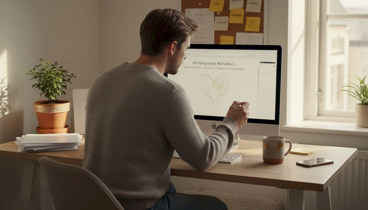 Ein Mann sitzt am Schreibtisch und passt eine digitale Vorlage nach seinen Wünschen an.