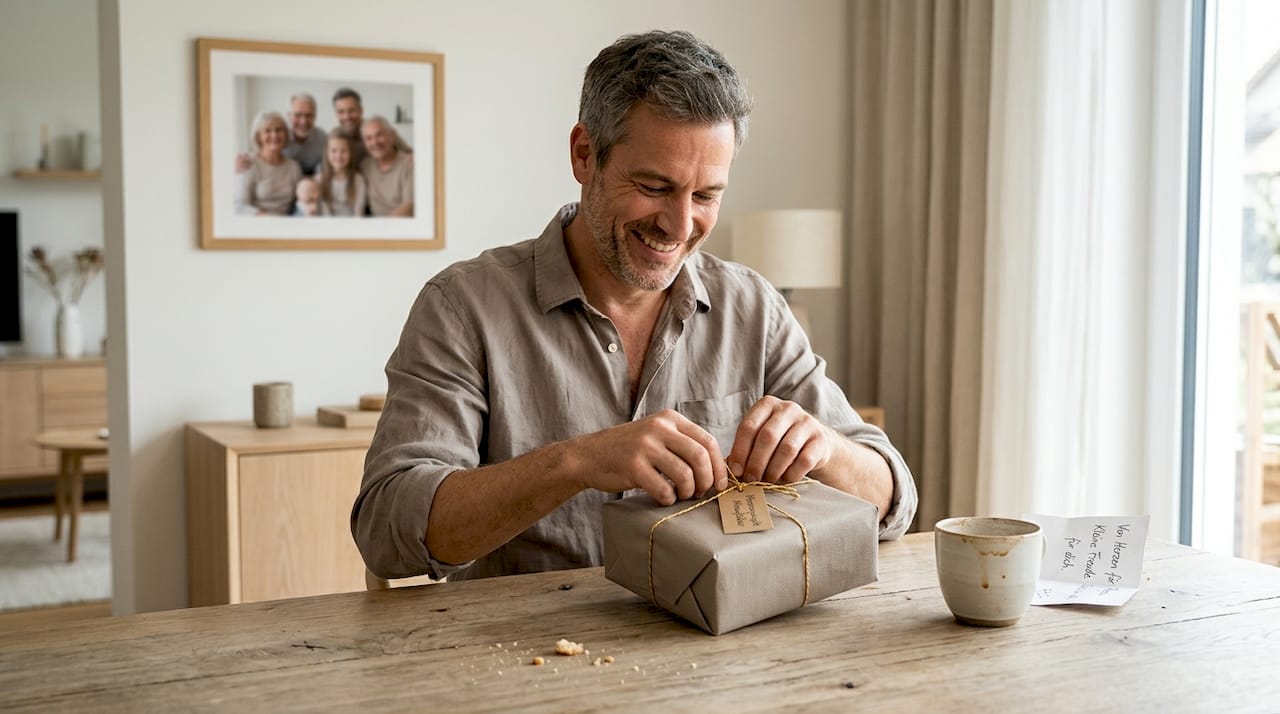 Ein Mann öffnet ein liebevoll gestaltetes, handgemachtes Geschenk und wird dabei sichtbar emotional.