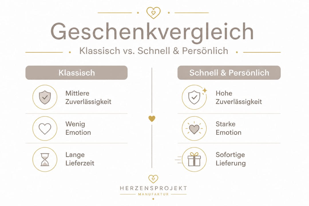 Die Infografik zeigt auf einen Blick, wie klassische Geschenkideen mit schnellen Last-Minute-Optionen abschneiden.