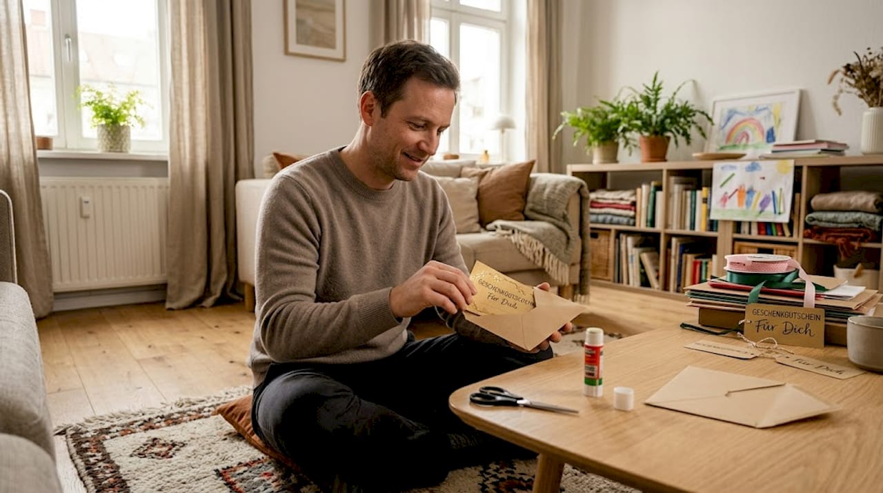 Im Wohnzimmer wird der fertige Geschenkgutschein in einen Umschlag gesteckt.