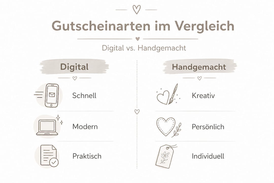 Vergleichsgrafik: Digitale Gutscheine vs. handgemachte Gutscheine – Vorteile und Unterschiede auf einen Blick