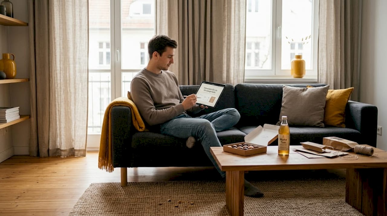 Ein Mann erstellt am Tablet eine digitale Geschenkkarte.
