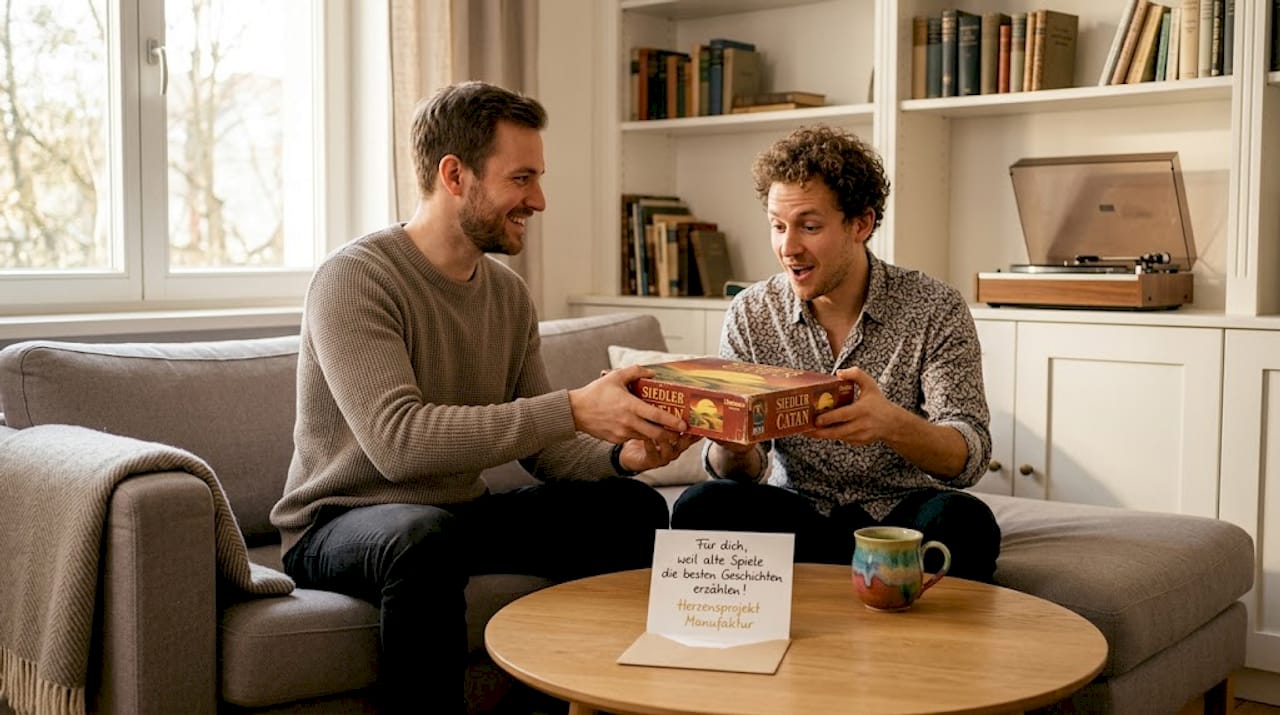 Zwei Männer schenken sich gegenseitig ein gebrauchtes Spiel.