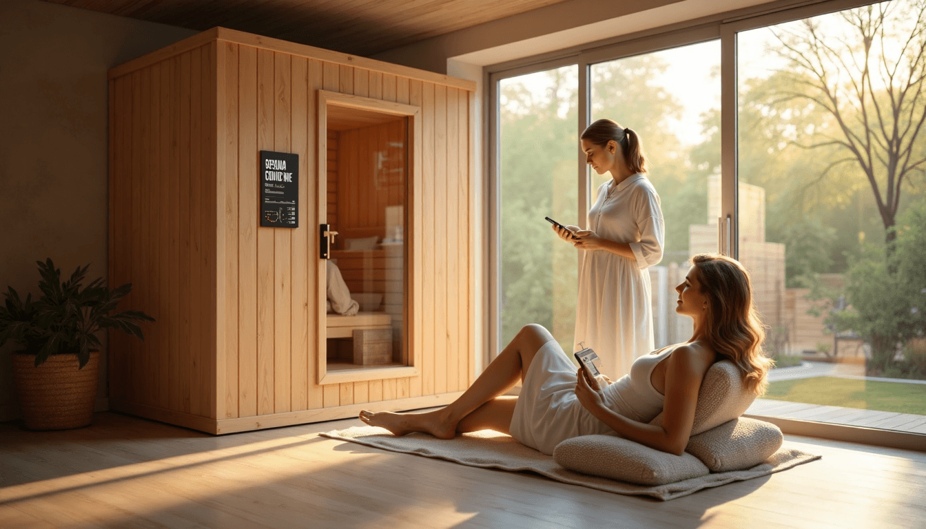 Two adults using a home sauna in a light-filled wellness room