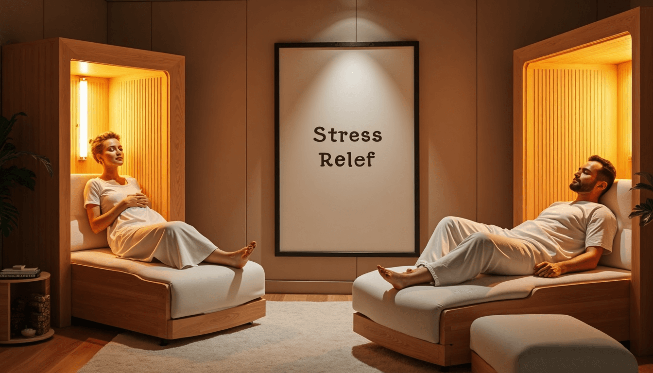 Adults relaxing in infrared sauna spa focused on stress relief