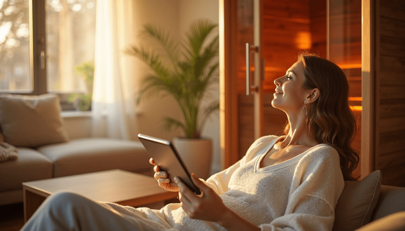 Person enjoying infrared sauna in bright home wellness space