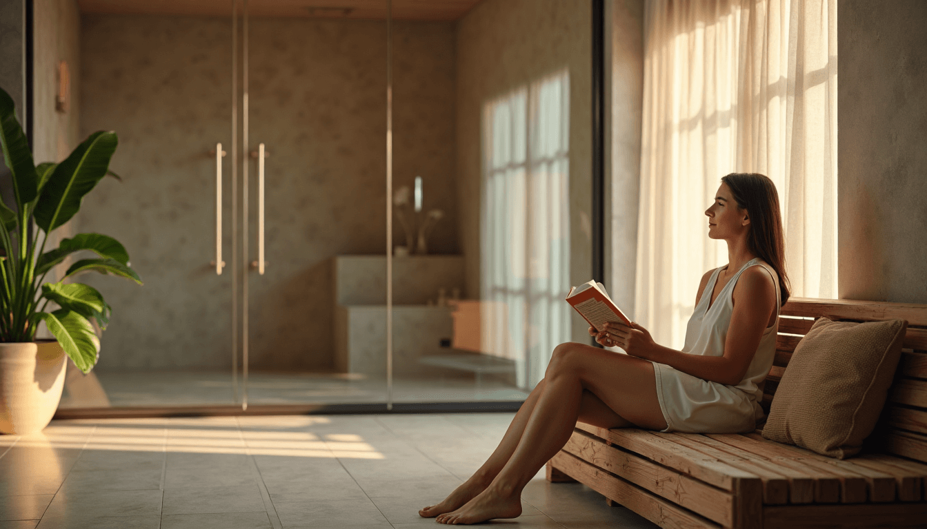 Woman reading in bright home sauna wellness room.