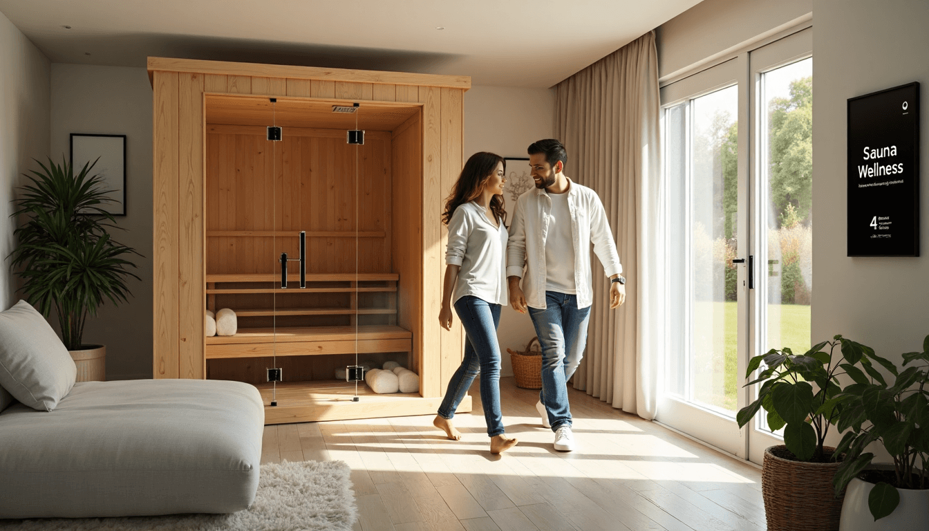 Couple walking through home by built-in sauna.