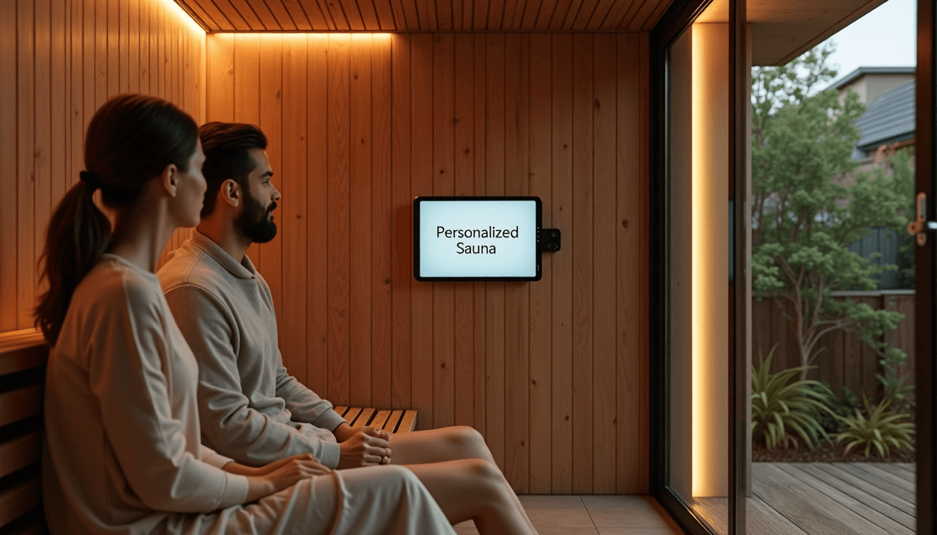 Couple adjusts smart controls in a modern home sauna